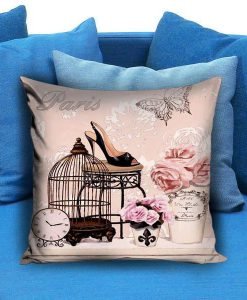 Retro Vintage Pink Bird Cage Flower Pillow Case