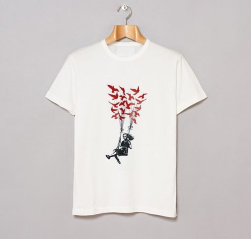 Kid Girl Swing Bird Freedom Balloon Banksy Street Art T-Shirt KM